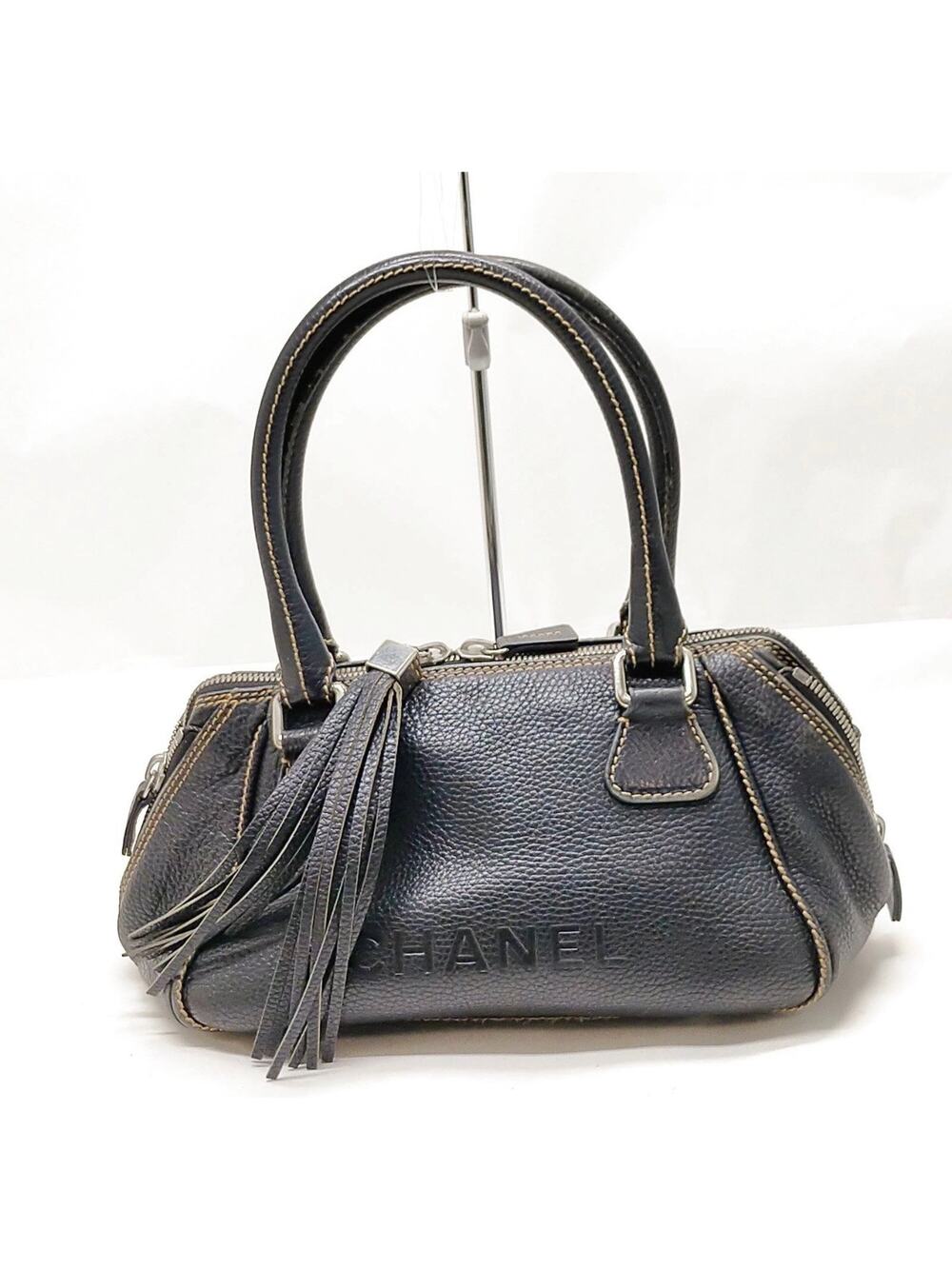 Authentic CHANEL Vintage LAX Bowler Black Caviar Leather Tassel Bag Silver HW